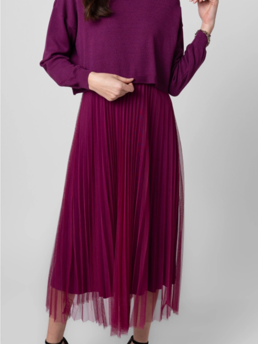 Magenta Knit Top & Pleated Tulle Midi Dress Set